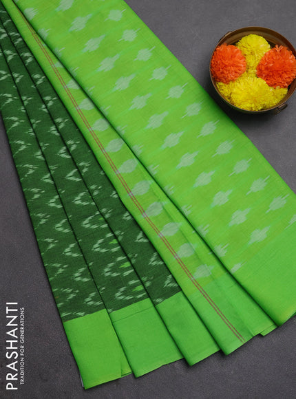 Ikat cotton saree green and lime green with allover ikat woven butta weaves and simple border