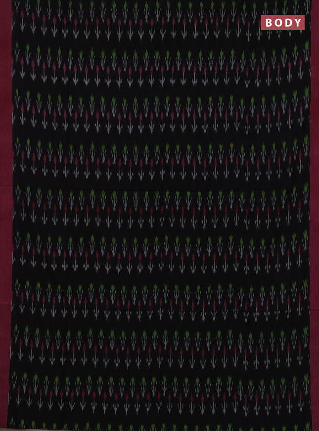 Ikat cotton saree black and peach pink with allover ikat woven butta weaves and simple border