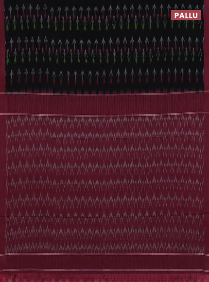 Ikat cotton saree black and peach pink with allover ikat woven butta weaves and simple border