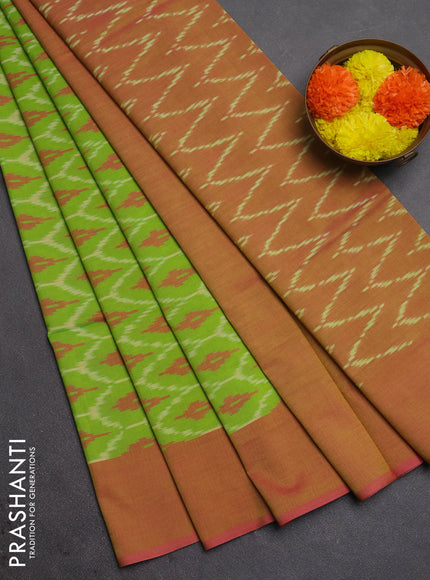 Ikat cotton saree light green and pink with allover ikat weaves and simple border