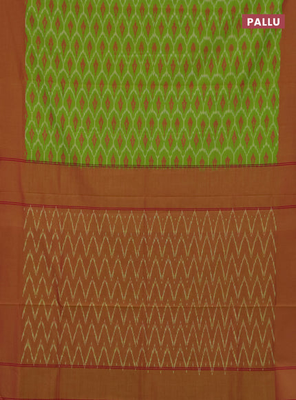 Ikat cotton saree light green and pink with allover ikat weaves and simple border