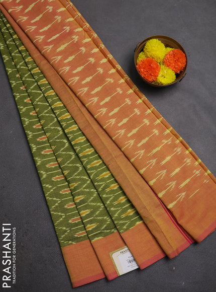 Ikat cotton saree lime green and pink with allover ikat weaves and simple border