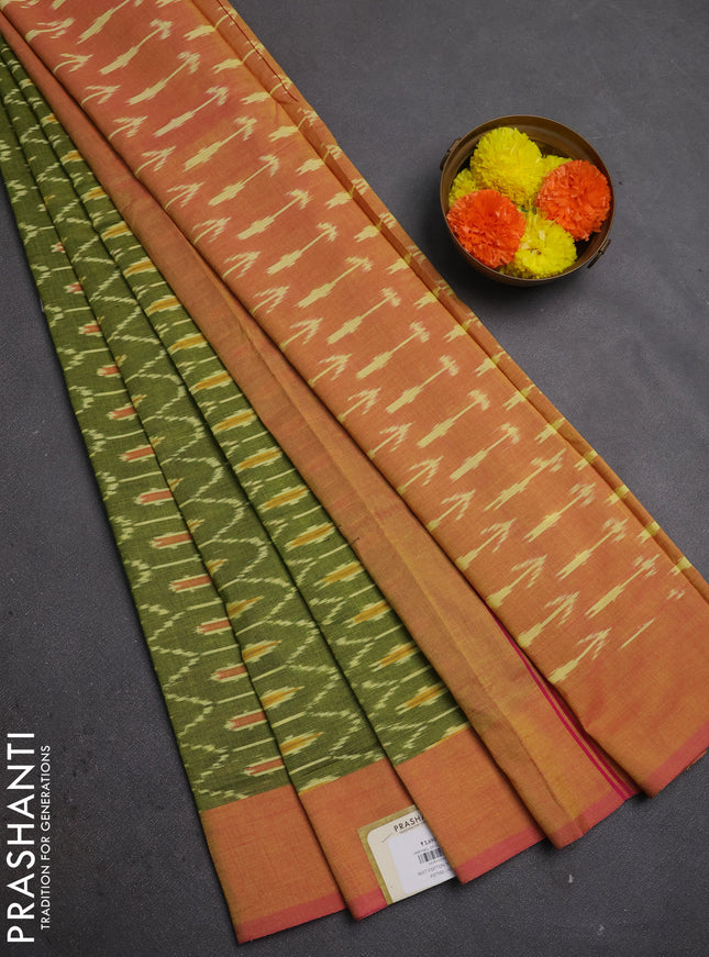 Ikat cotton saree lime green and pink with allover ikat weaves and simple border
