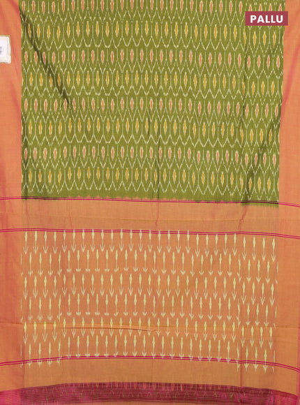 Ikat cotton saree lime green and pink with allover ikat weaves and simple border
