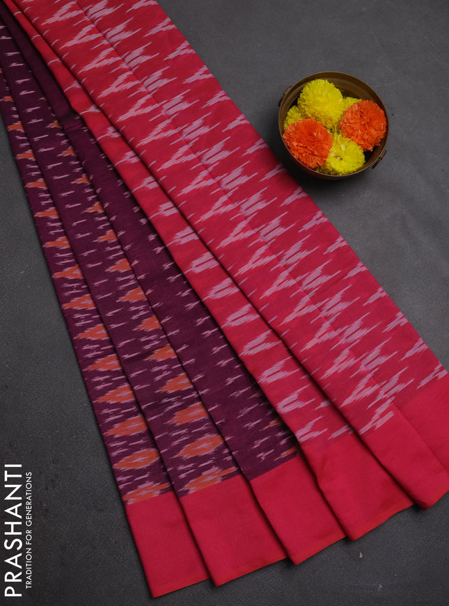 Ikat cotton saree wine shade and pink with allover ikat weaves and simple border