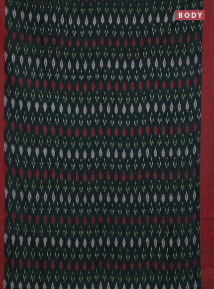 Ikat cotton saree bottle green and red with allover ikat woven butta weaves and simple border