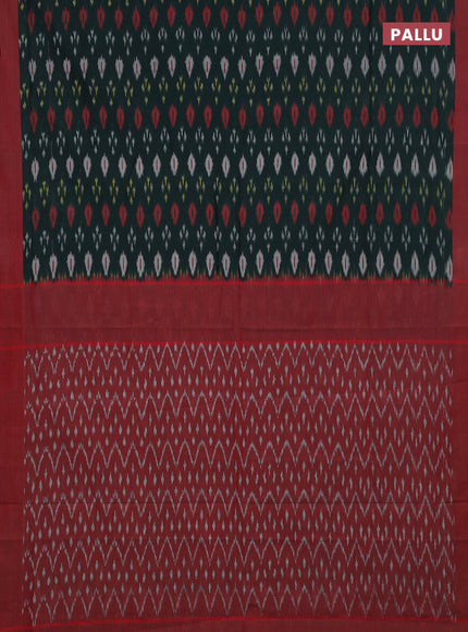 Ikat cotton saree bottle green and red with allover ikat woven butta weaves and simple border