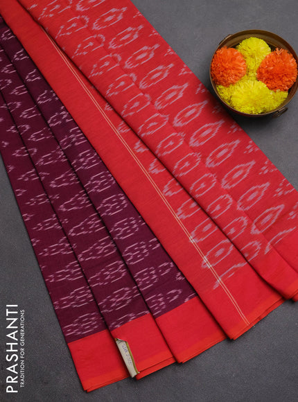 Ikat cotton saree wine shade and red with allover ikat weaves and simple border