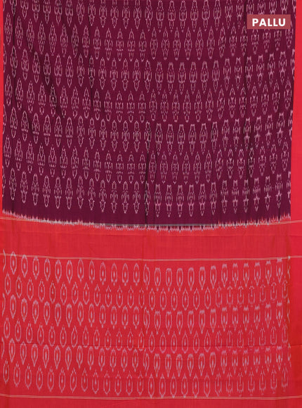 Ikat cotton saree wine shade and red with allover ikat weaves and simple border