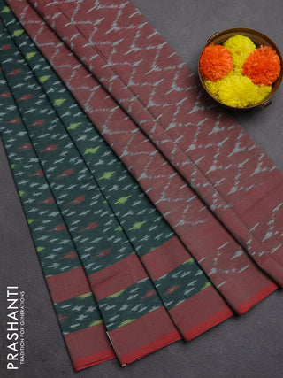 Ikat cotton saree bottle green and red with allover ikat weaves and rettapet ikat border