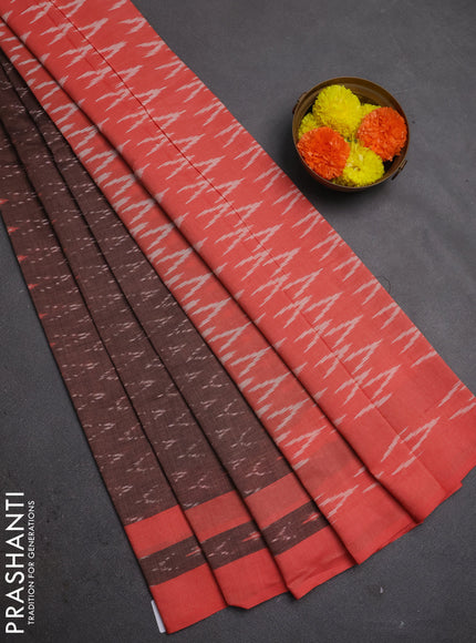 Ikat cotton saree coffee brown and red with allover ikat weaves and rettapet ikat woven border