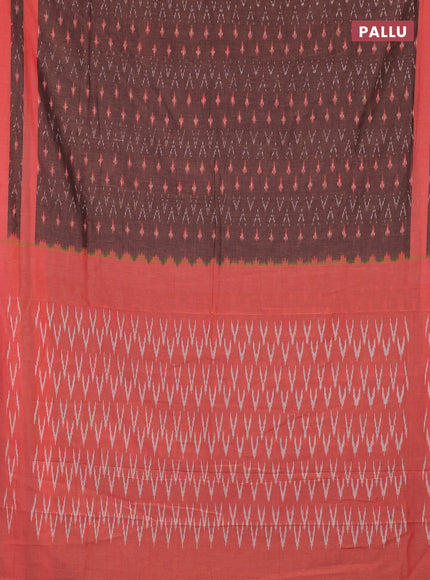 Ikat cotton saree coffee brown and red with allover ikat weaves and rettapet ikat woven border