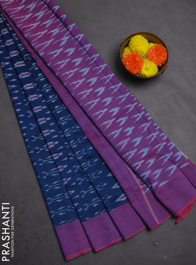 Ikat cotton saree peacock blue and magenta pink with allover ikat weaves and simple border
