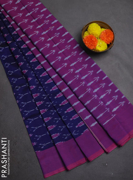 Ikat cotton saree blue and magenta pink with allover ikat weaves and simple border