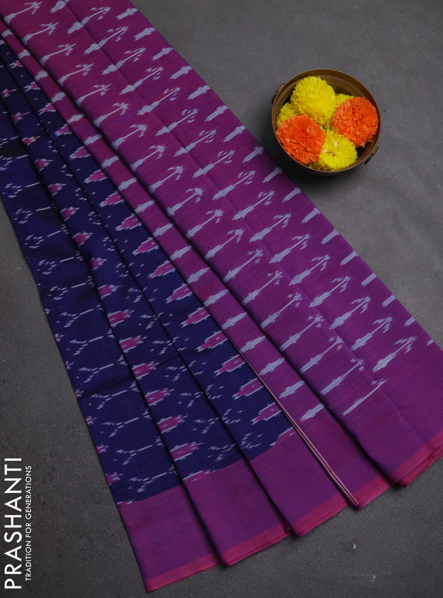 Ikat cotton saree blue and magenta pink with allover ikat weaves and simple border
