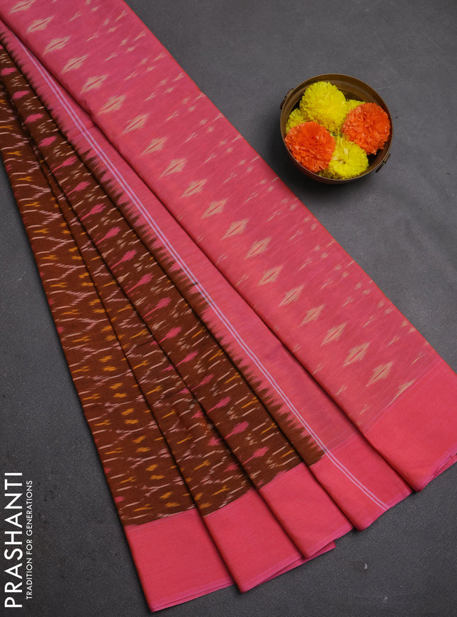 Ikat cotton saree dark mustard and pink with allover ikat weaves and simple border