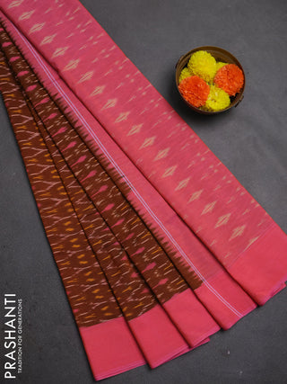 Ikat cotton saree dark mustard and pink with allover ikat weaves and simple border