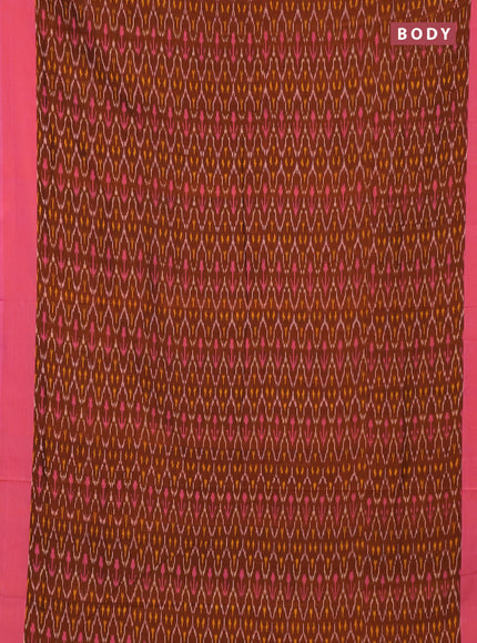 Ikat cotton saree dark mustard and pink with allover ikat weaves and simple border