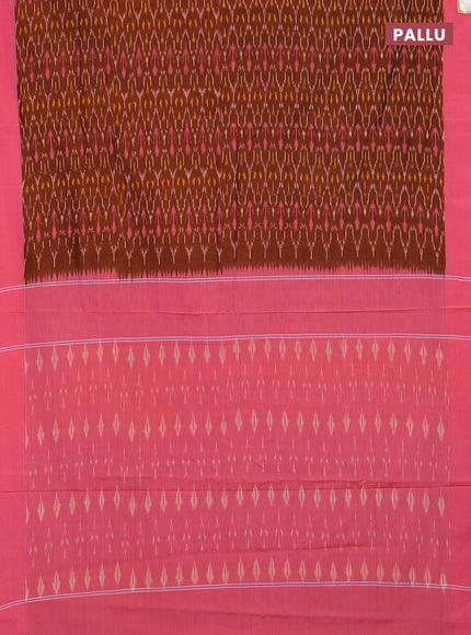 Ikat cotton saree dark mustard and pink with allover ikat weaves and simple border