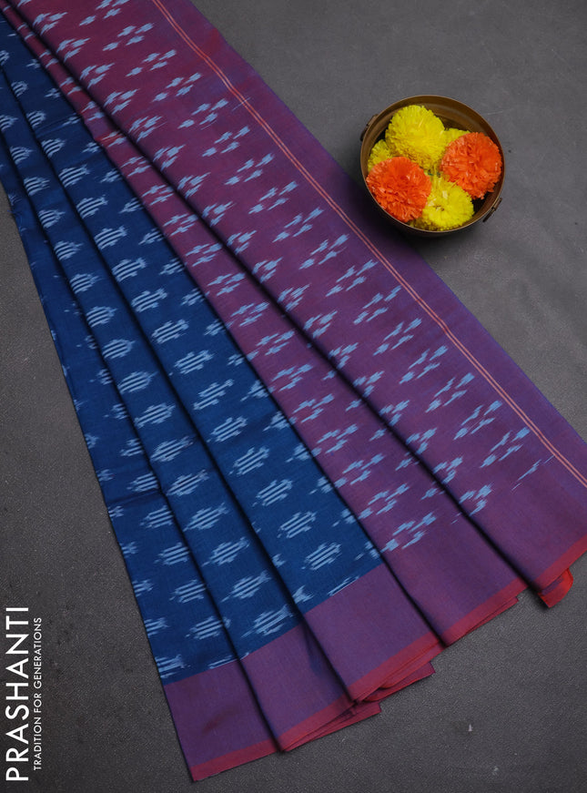 Ikat cotton saree peacock blue and red with allover iikat woven butta weaves and simple border