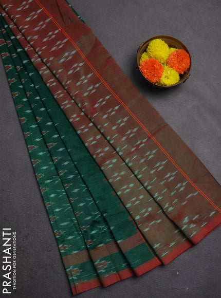Ikat cotton saree green and red with allover ikat weaves and rettapet ikat woven border
