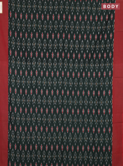 Ikat cotton saree bottle green and red with allover ikat weaves and simple border