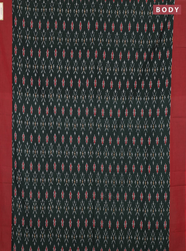 Ikat cotton saree bottle green and red with allover ikat weaves and simple border