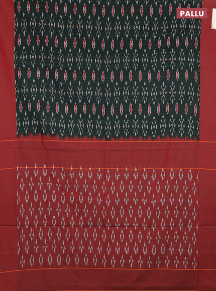 Ikat cotton saree bottle green and red with allover ikat weaves and simple border