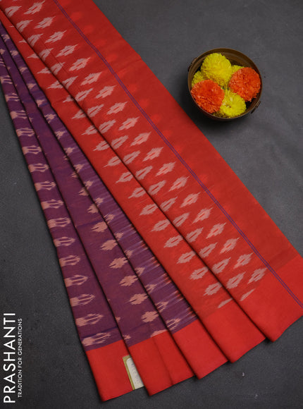 Ikat cotton saree violet and orange with allover ikat woven butta weaves and simple border