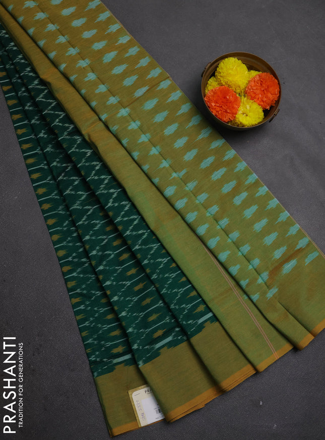 Ikat cotton saree green and yellow with alllover ikat weaves and simple border