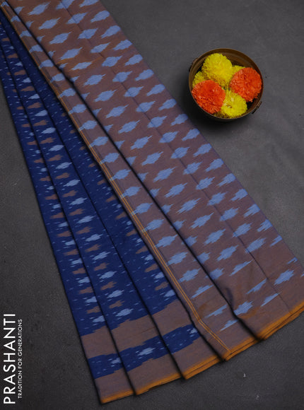 Ikat cotton saree blue and mustard yellow with allover ikat weaves and rettapet ikat woven border