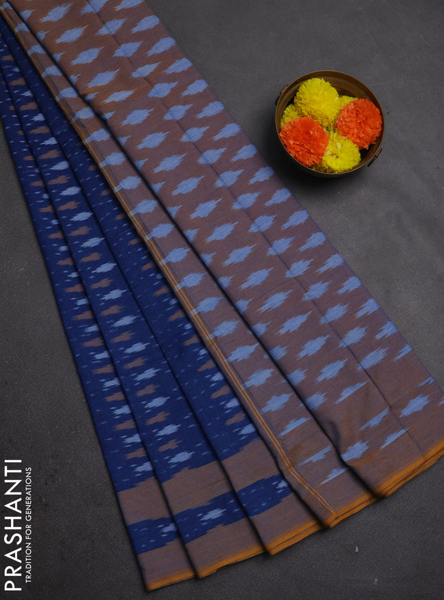 Ikat cotton saree blue and mustard yellow with allover ikat weaves and rettapet ikat woven border