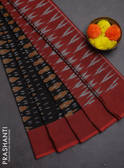 Ikat cotton saree black and maroon with allover ikat weaves and simple border