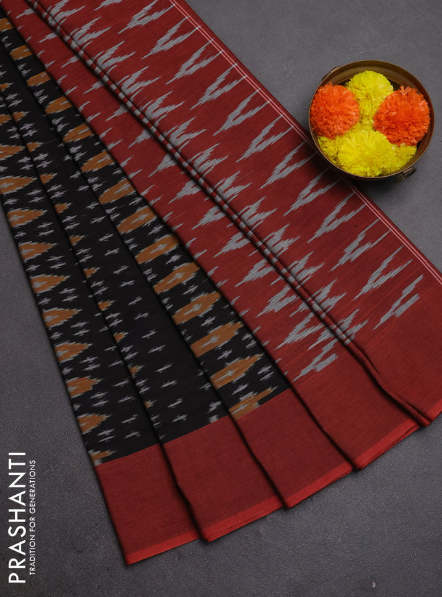 Ikat cotton saree black and maroon with allover ikat weaves and simple border