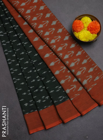 Ikat cotton saree bottle green and orange with allover ikat woven butta weaves and simple border