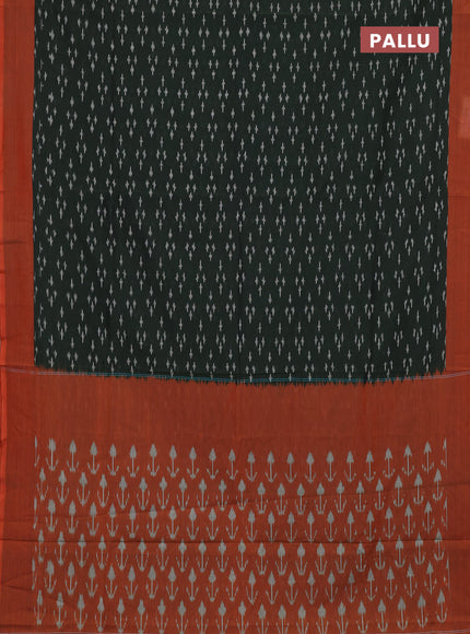 Ikat cotton saree bottle green and orange with allover ikat woven butta weaves and simple border