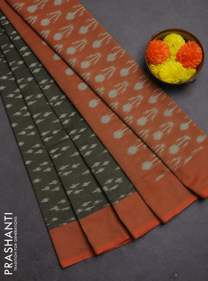 Ikat cotton saree olive green and red with allover ikat woven butta weaves and simple border