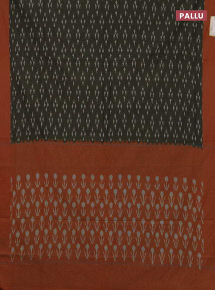Ikat cotton saree olive green and red with allover ikat woven butta weaves and simple border
