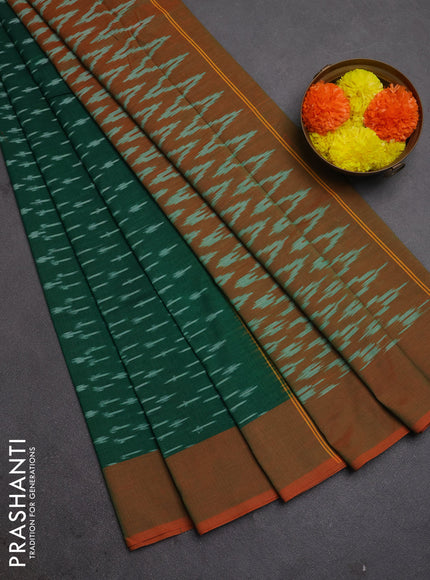 Ikat cotton saree green and red with allover ikat woven butta weaves and simple border