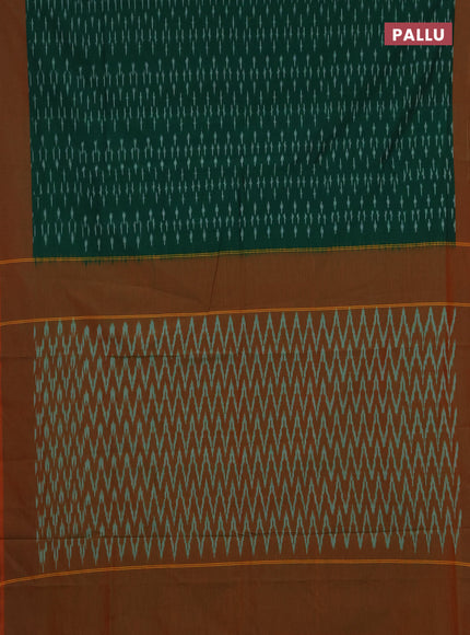Ikat cotton saree green and red with allover ikat woven butta weaves and simple border