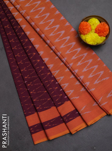 Ikat cotton saree deep magenta pink and mango yellow with allover ikat woven butta weaves and rettapet ikat woven border