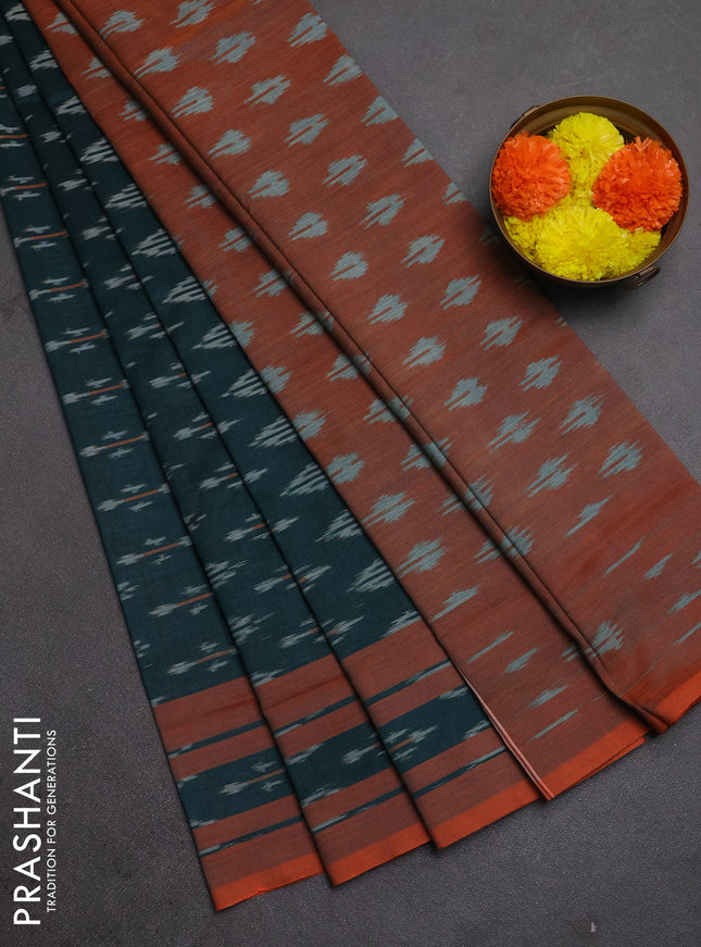 Ikat cotton saree peacock green and rust shade with allover ikat woven butta weaves and rettapet ikat woven border