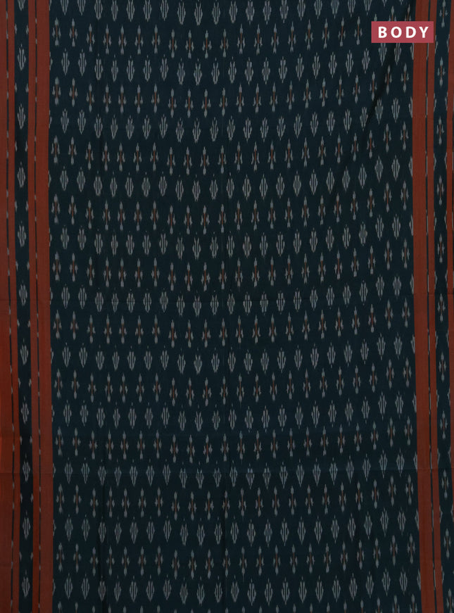 Ikat cotton saree peacock green and rust shade with allover ikat woven butta weaves and rettapet ikat woven border