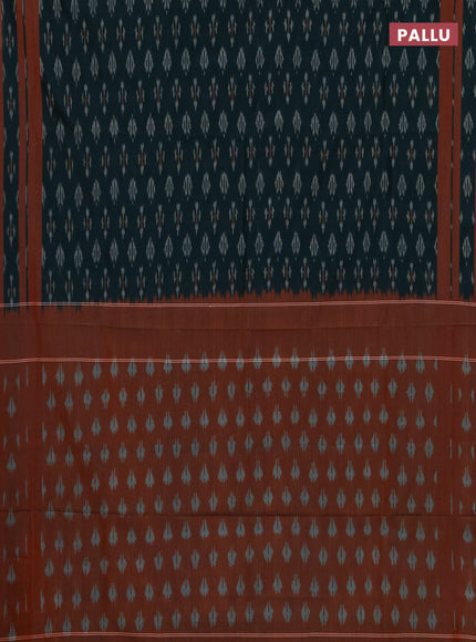 Ikat cotton saree peacock green and rust shade with allover ikat woven butta weaves and rettapet ikat woven border
