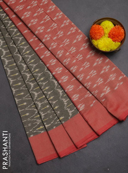 Ikat cotton saree chikku shade and red with alllover ikat weaves and rettapet ikat woven border