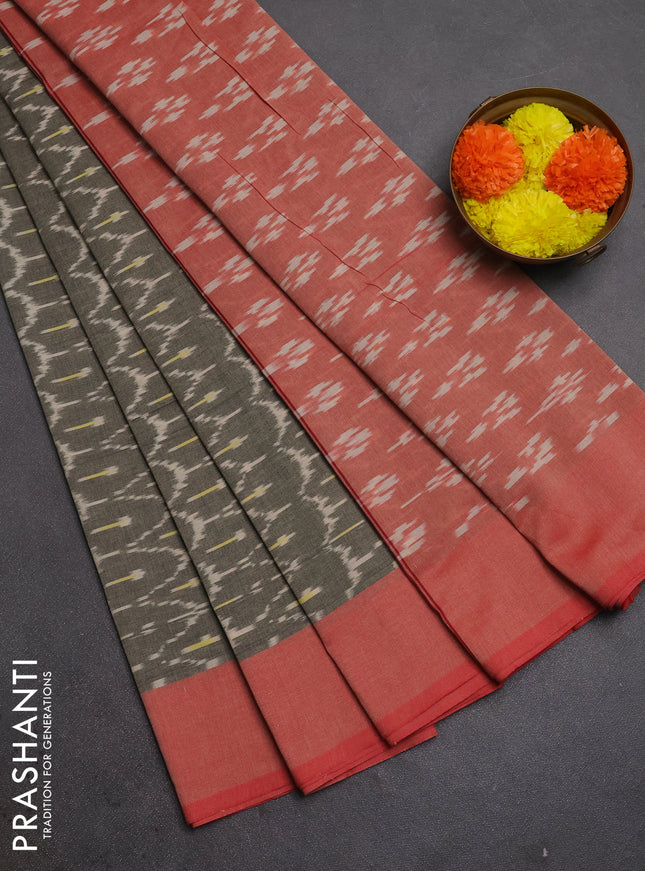 Ikat cotton saree chikku shade and red with alllover ikat weaves and rettapet ikat woven border