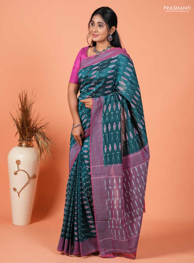 Ikat cotton saree green and pink with allover ikat woven butta weaves and simple border