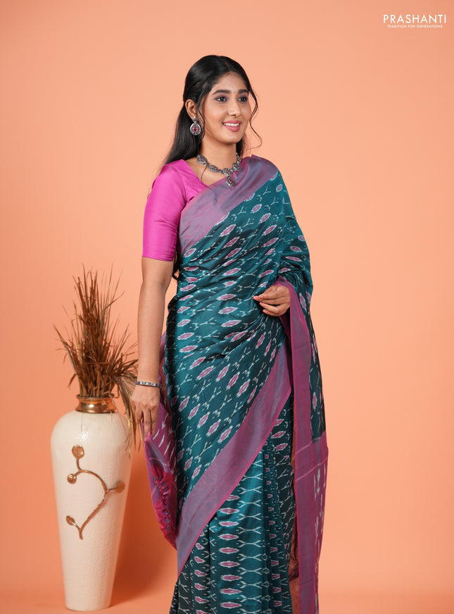 Ikat cotton saree green and pink with allover ikat woven butta weaves and simple border