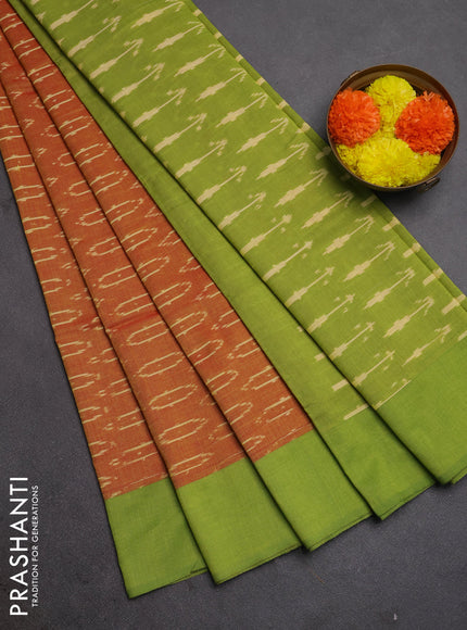 Ikat cotton saree sunset orange and light green with allover ikat woven butta weaves and simple border