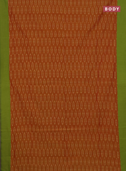 Ikat cotton saree sunset orange and light green with allover ikat woven butta weaves and simple border